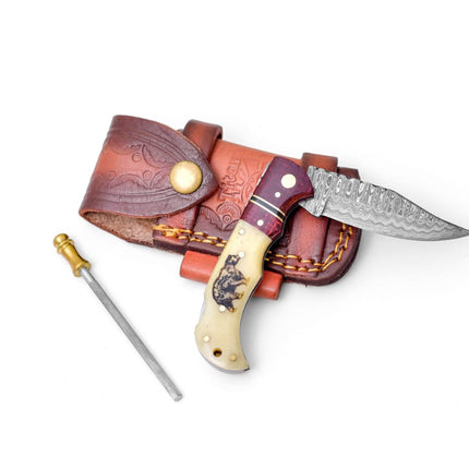 Bear Engraved Damascus Folding Knife with Leather Sheath - TF-122