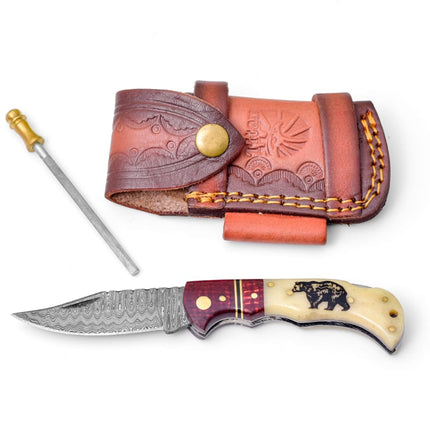 Bear Engraved Damascus Folding Knife with Leather Sheath - TF-122