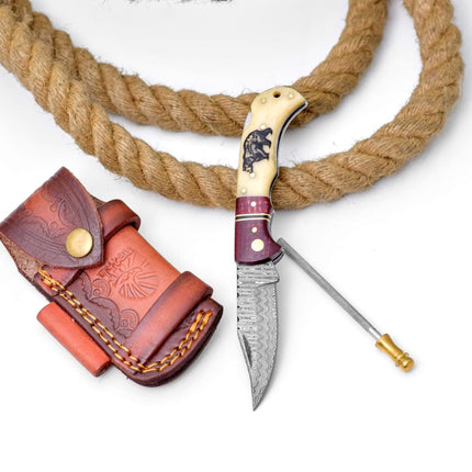 Bear Engraved Damascus Folding Knife with Leather Sheath - TF-122