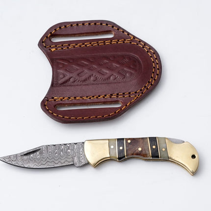 Brass & Bone Damascus Folding Knife with Leather Sheath - TF-099