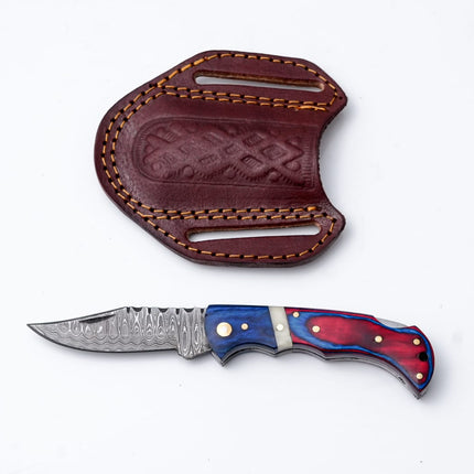 Patriot Series Damascus Folding Knife – Red & Blue Handle with Leather Sheath -TF-097