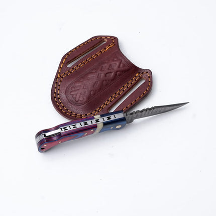Patriot Series Damascus Folding Knife – Red & Blue Handle with Leather Sheath -TF-097