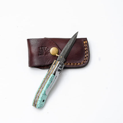 Turquoise Damascus Folding Knife – Hand Engraved Bolster Edition - TF-090