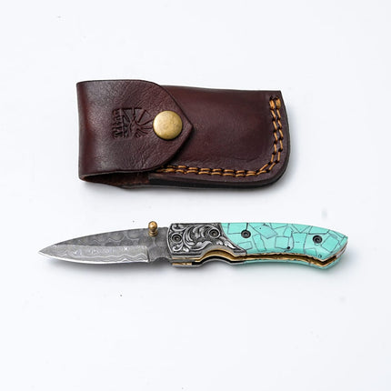 Turquoise Damascus Folding Knife – Hand Engraved Bolster Edition - TF-090