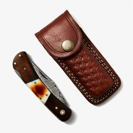 Walnut & Torched Bone Damascus Pocket Knife - TF-118