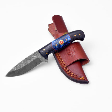 Handmade Damascus Steel Knife with Blue Resin & Wenge Wood Handle - TK-422