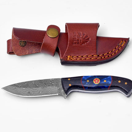 Handmade Damascus Steel Knife with Blue Resin & Wenge Wood Handle - TK-422