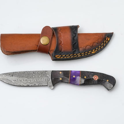 Damascus Steel Fixed Blade Knife with Wenge Wood & Purple Resin Handle - TK-419