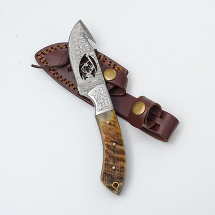 Wire-Cut Damascus Guthook Knife with Ram Horn Handle - TK-418