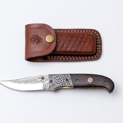 Hand-Engraved Folding Knife with Leather Sheath – Damascus-Inspired Detailing - TF-092