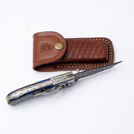 Hand-Engraved Folding Knife with Leather Sheath – Damascus-Inspired Detailing - TF-092