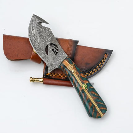 Damascus Guthook Hunting Knife with pine cone handle - TK- 423