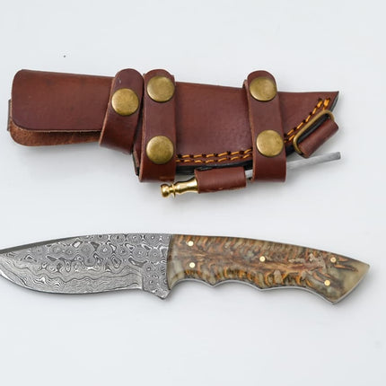 Handmade Damascus Hunting Knife with Resin & Bone Handle - TK-424