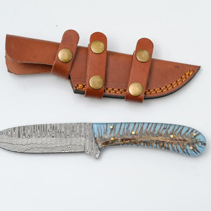 Custom Damascus Steel Knife with Blue Resin & Bone Handle - TK-425