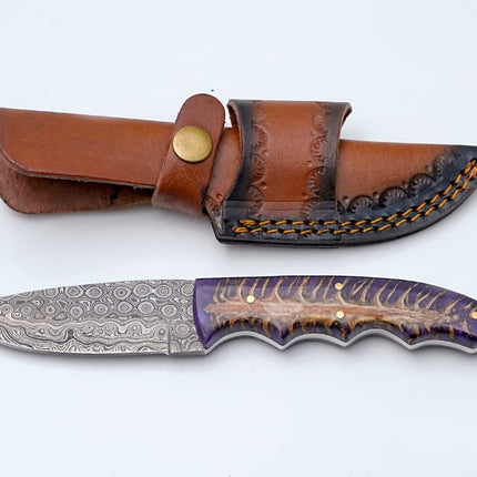 Handmade Damascus Steel Knife with Purple Pine Cone Handle & Leather Sheath TK-428