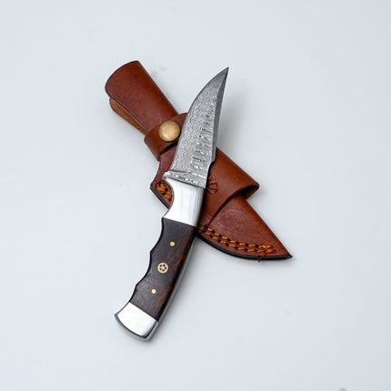 Handmade Damascus Steel Knife with Wenge Wood Handle & Leather Sheath TK-429
