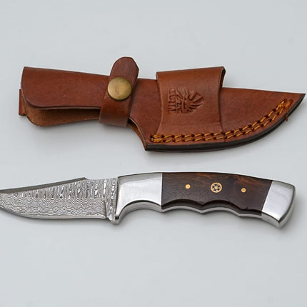 Handmade Damascus Steel Knife with Wenge Wood Handle & Leather Sheath TK-429