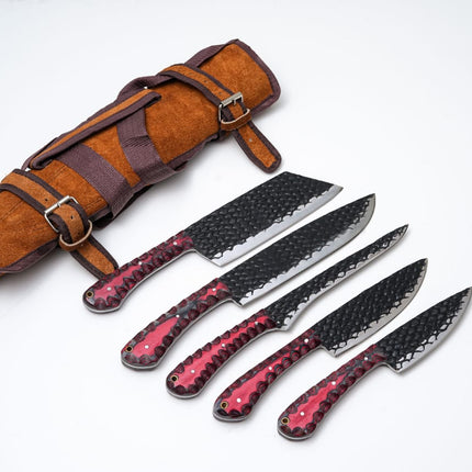 5-Piece Hand-Forged Kitchen Knife Set - Dragon Scale Carbon Steel - Red Diamond Wood Handles & Leather roll - CK-002