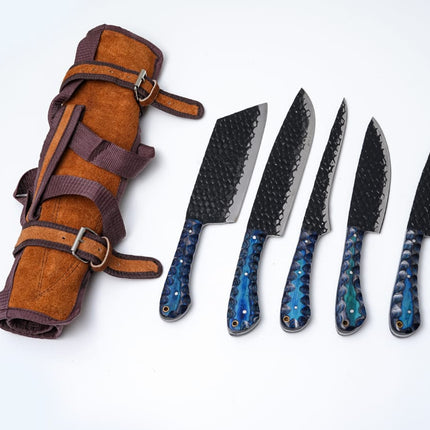 5-Piece Hand-Forged Kitchen Knife Set - Dragon Scale Carbon Steel - Blue Diamond wood Handles & Leather roll - CK-001