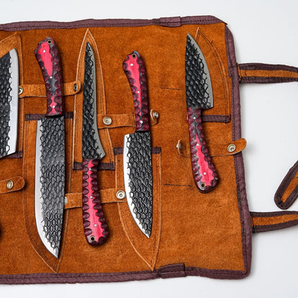 5-Piece Hand-Forged Kitchen Knife Set - Dragon Scale Carbon Steel - Red Diamond Wood Handles & Leather roll - CK-002
