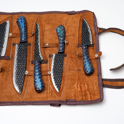 5-Piece Hand-Forged Kitchen Knife Set - Dragon Scale Carbon Steel - Blue Diamond wood Handles & Leather roll - CK-001