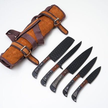 Hand-Forged 5-Piece Kitchen Knife Set | Hammered Black Carbon Steel | Pakkawood & Black WalnutHandles - CK-003