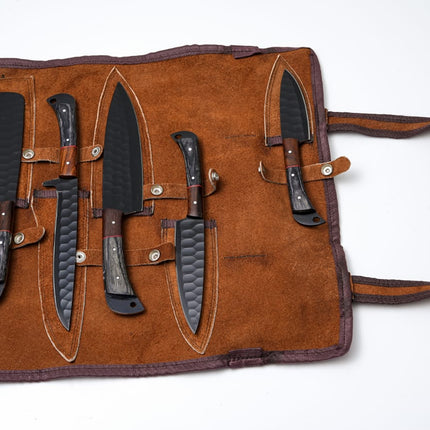 Hand-Forged 5-Piece Kitchen Knife Set | Hammered Black Carbon Steel | Pakkawood & Black WalnutHandles - CK-003