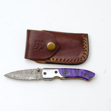 Handmade Damascus AmethystEdge Folding Pocket Knife with Purple Resin Handle & Leather Sheath | EDC Camping & Hunting Knife TF-004-P