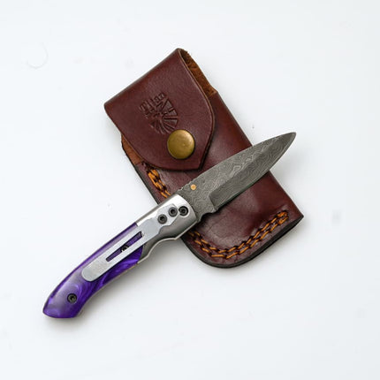 Handmade Damascus AmethystEdge Folding Pocket Knife with Purple Resin Handle & Leather Sheath | EDC Camping & Hunting Knife TF-004-P