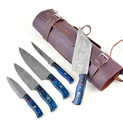 Artisanal Mastery: Blue Galaxy Damascus Steel 5-Piece Kitchen Knife Set with Leather Roll - TK-452