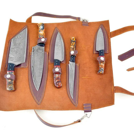 Artisanal Mastery: Molten Amber Damascus Steel 5-Piece Kitchen Knife Set - TK-453