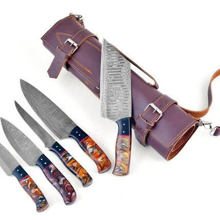 Artisanal Mastery: Molten Amber Damascus Steel 5-Piece Kitchen Knife Set - TK-453