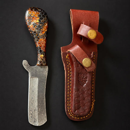 Fossil "Amber Hive" Damascus Bull Cowboy Cutter | Honeycomb Resin Handle | Hand-Tooled Leather Sheath TK-513
