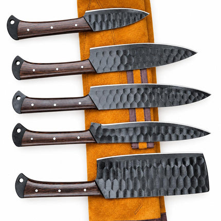 "Blackened Forge" 5-Piece High Carbon Steel Chef Knife Set | Hammered Dragon Scale Finish, Wenga wood Handles | Leather Roll Case CK-004