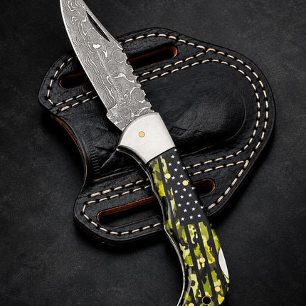 Liberty Camo Damascus Folding Knife TKT-38
