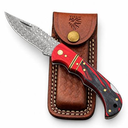Crimson Ember Damascus Folding Knife with Leather Sheath TKT-22