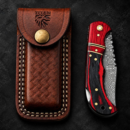Crimson Ember Damascus Folding Knife with Leather Sheath TKT-22