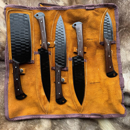 "Blackened Forge" 5-Piece High Carbon Steel Chef Knife Set | Hammered Dragon Scale Finish, Wenga wood Handles | Leather Roll Case CK-004