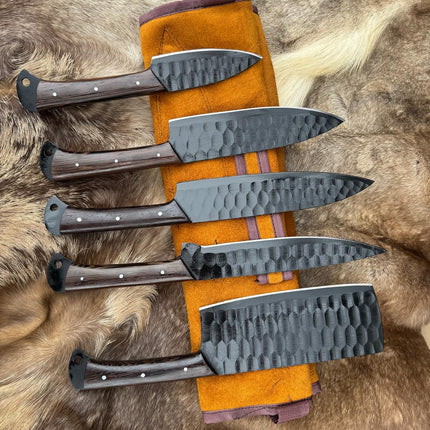 "Blackened Forge" 5-Piece High Carbon Steel Chef Knife Set | Hammered Dragon Scale Finish, Wenga wood Handles | Leather Roll Case CK-004