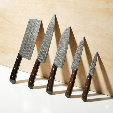 5-Piece Hand-Forged Damascus Kitchen Knife Set — Dark Walnut Handles