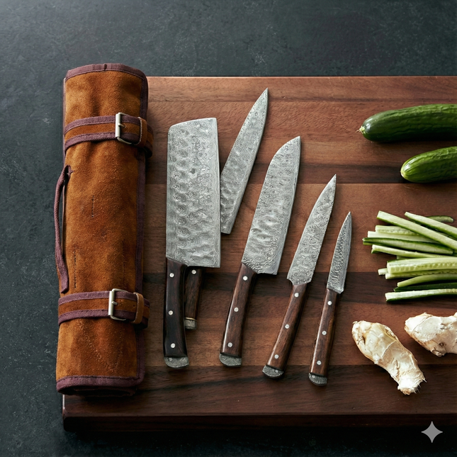 5-Piece Hand-Forged Damascus Kitchen Knife Set — Dark Walnut Handles