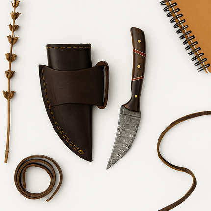 Damascus Steel Skinning Knife – Wooden Handle | Hand-Forged Hunting & EDC Blade