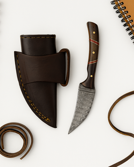 Damascus Steel Skinning Knife – Wooden Handle | Hand-Forged Hunting & EDC Blade