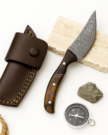 Damascus Steel Skinning Knife – Wooden Handle | Hand-Forged Hunting & EDC Blade