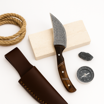 Damascus Steel Skinning Knife – Wooden Handle | Hand-Forged Hunting & EDC Blade