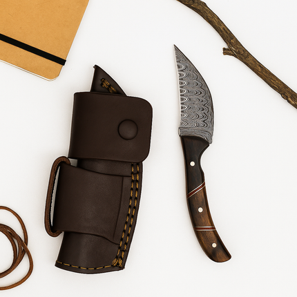 Damascus Steel Skinning Knife – Wooden Handle | Hand-Forged Hunting & EDC Blade