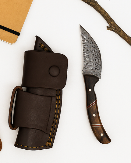 Damascus Steel Skinning Knife – Wooden Handle | Hand-Forged Hunting & EDC Blade