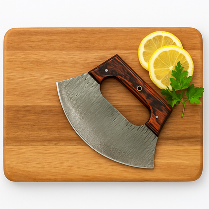 Hand-Forged Damascus ULU Knife | Curved Pizza Cutter & Herb Rocker | Rosewood Handle with Leather Sheath