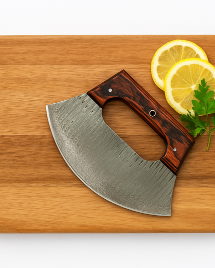Damascus ULU Knife – Curved Blade with Wooden Handle & Leather Sheath | Kitchen Knife