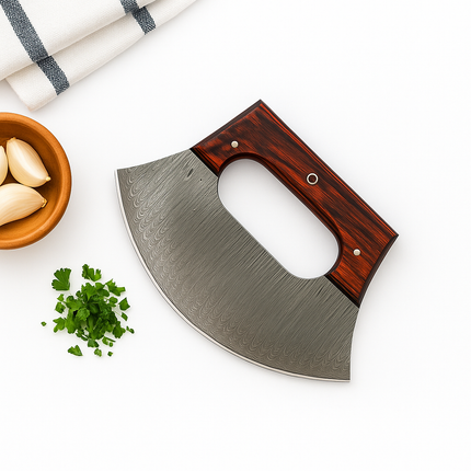 Hand-Forged Damascus ULU Knife | Curved Pizza Cutter & Herb Rocker | Rosewood Handle with Leather Sheath
